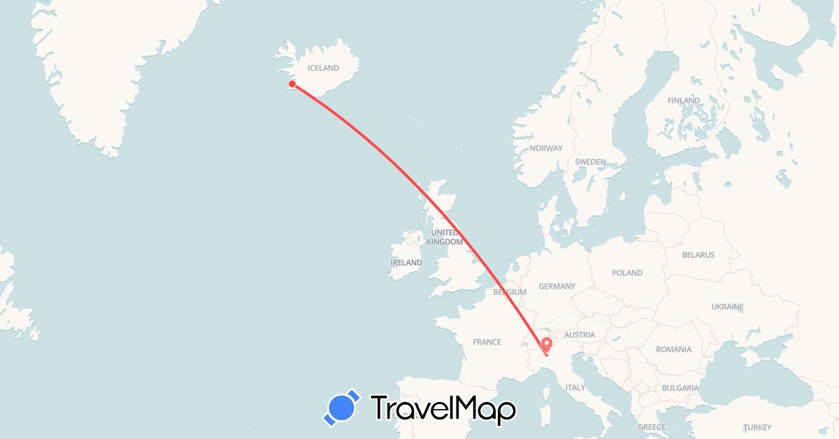 TravelMap itinerary: driving, hiking in Iceland, Italy (Europe)